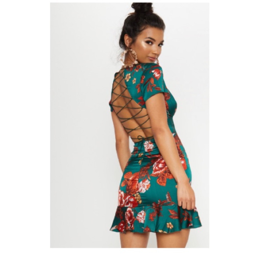 NWT- Emerald Green Criss Cross Back Frill Hem Shift Dress